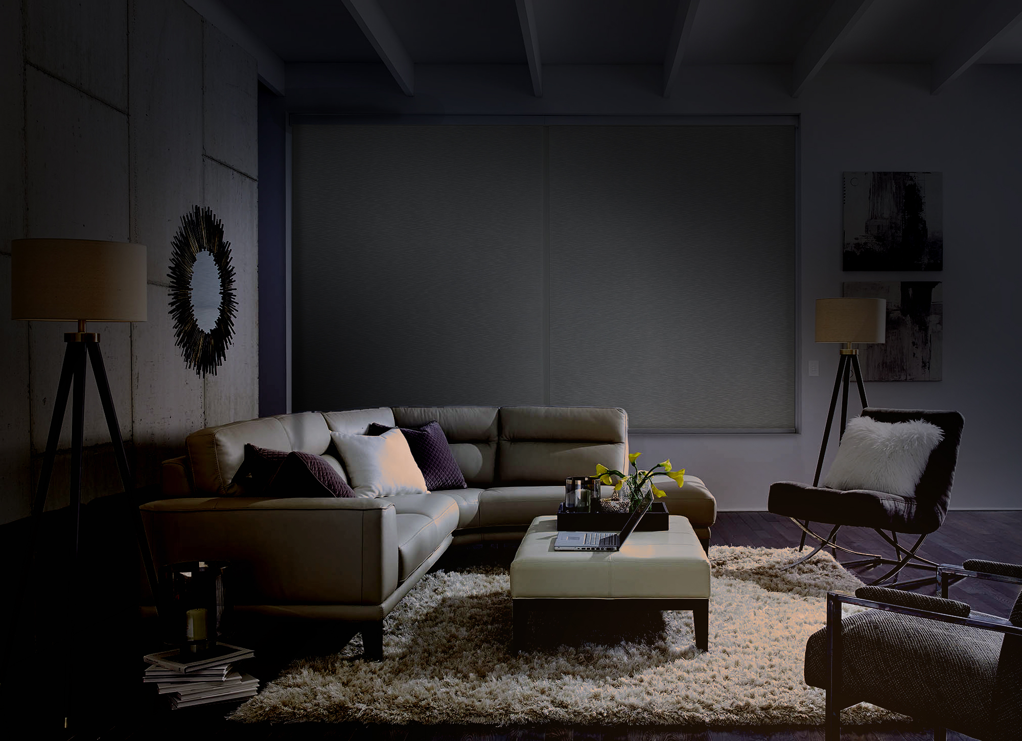 modern room with shadings movie night